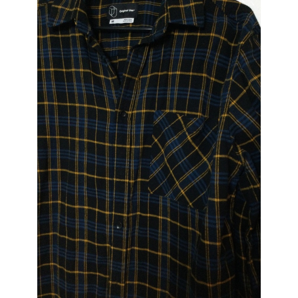 Original Use Flannel Shirt Plaid LongSleeve ButtonUp Top Black BlueYellow M(252) - Picture 2 of 6